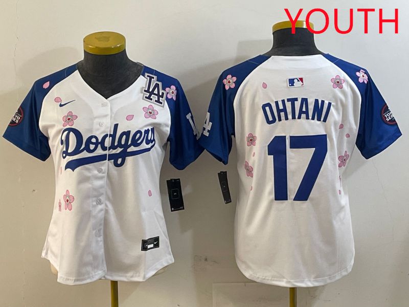 Youth Los Angeles Dodgers #17 Ohtani White Blue Sakura Edition 2025 Nike MLB Jersey style 5->youth mlb jersey->Youth Jersey